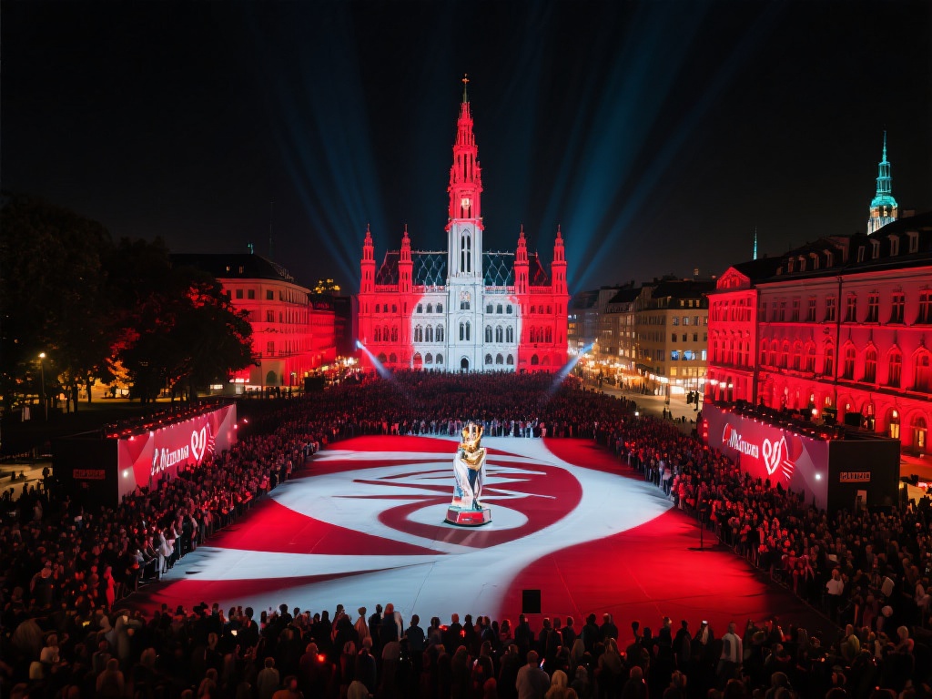 慕尼黑奥林匹克塔红白闪耀，庆祝拜仁勇夺联赛冠军